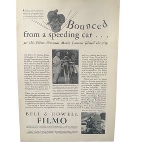Vintage 1932 Bell & Howell Filmo Bounced From Speeding Car Ad Advertisement